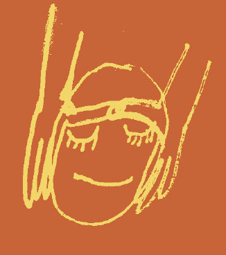 Simple yellow line drawing of a smiling face with closed eyes on a reddish-brown background.